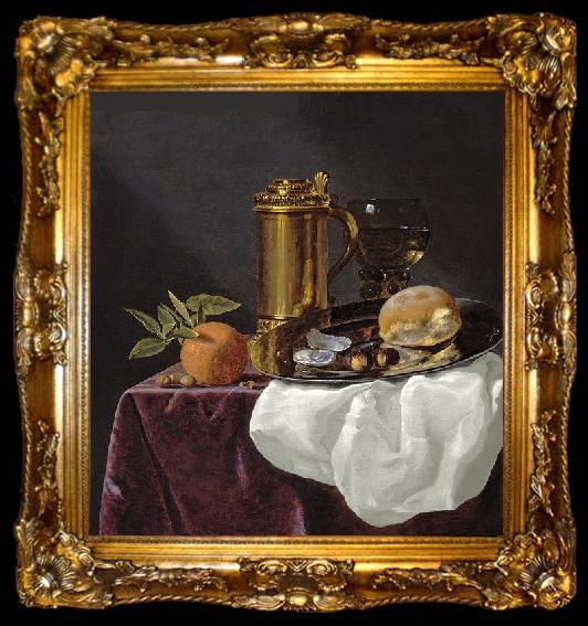 framed  simon luttichuys Tankard with Oysters, Bread and an Orange resting on a Draped Ledge, ta009-2